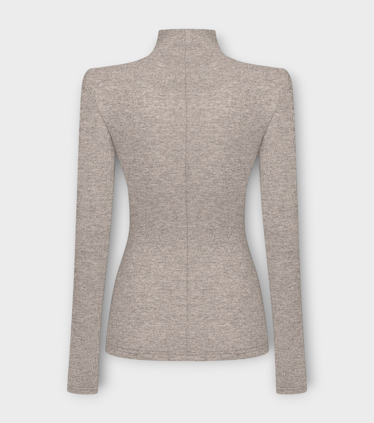 DAR ANN STUDIO gray turtleneck top, full look, women's structured-shoulder top, buy at DOORS NYC