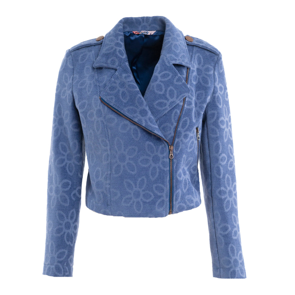 POPPANACHIC - Bloom Velvet Biker Jacket | Blue, buy at DOORS NYC