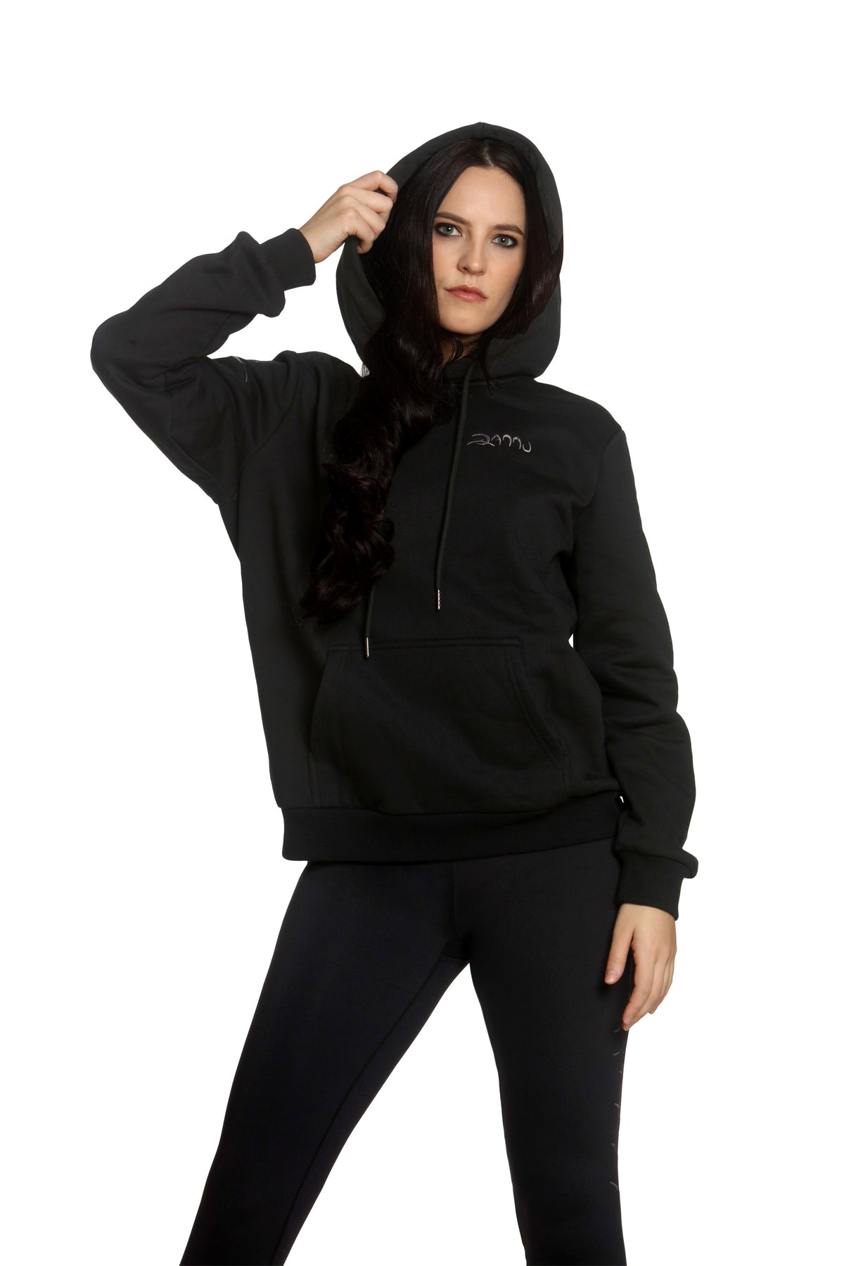 Person wearing a black hoodie with a logo on a white background