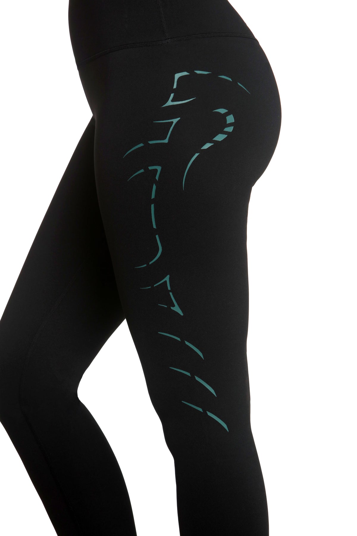 Black leggings with blue designs on a white background