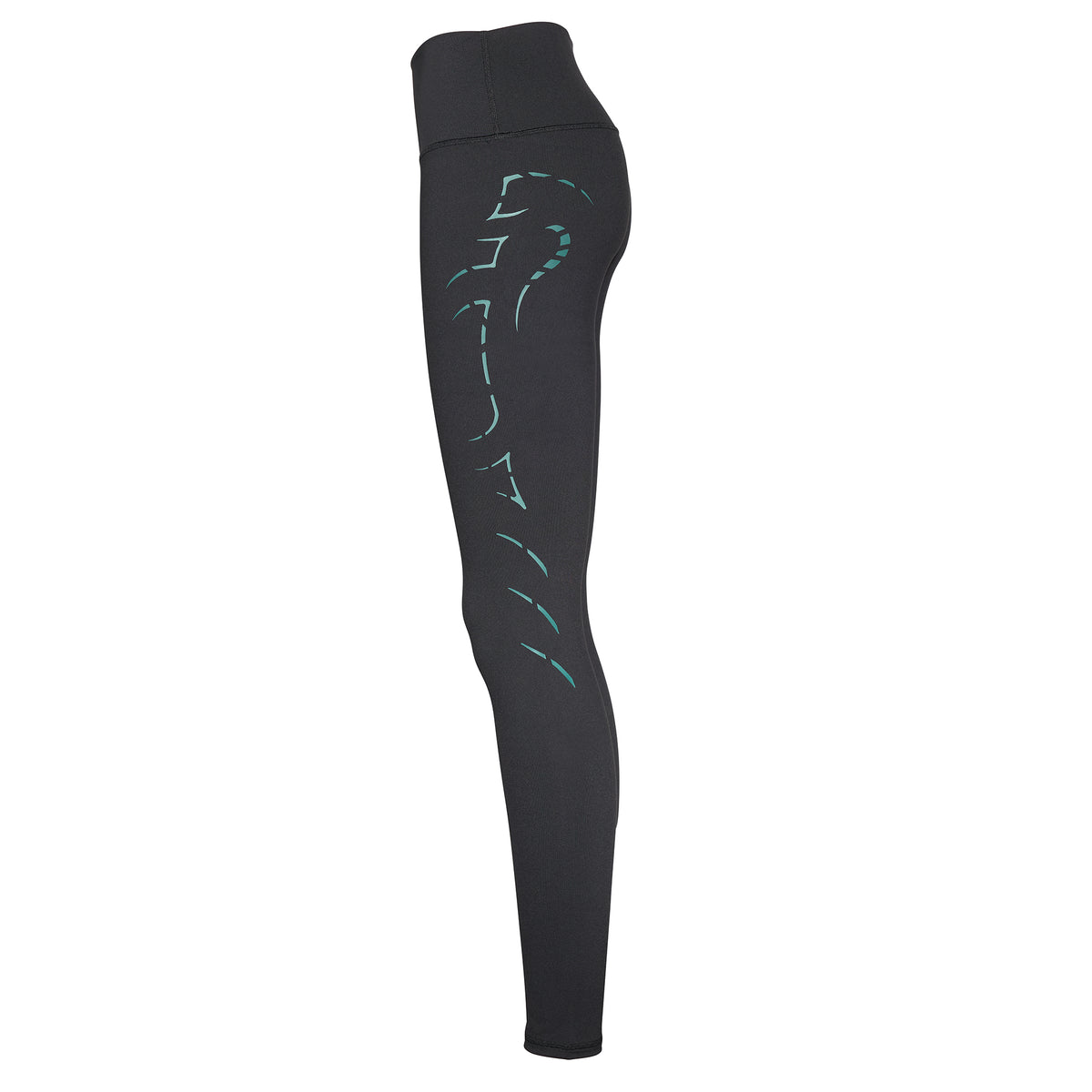 Black leggings with teal designs on a white background