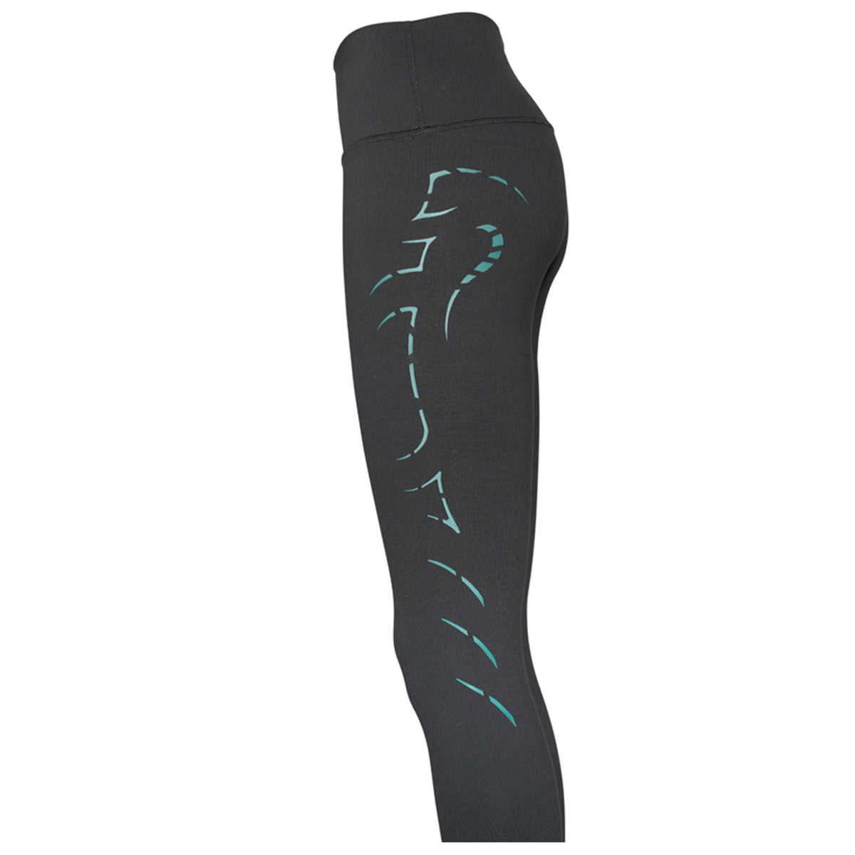 Black leggings with teal designs on a white background