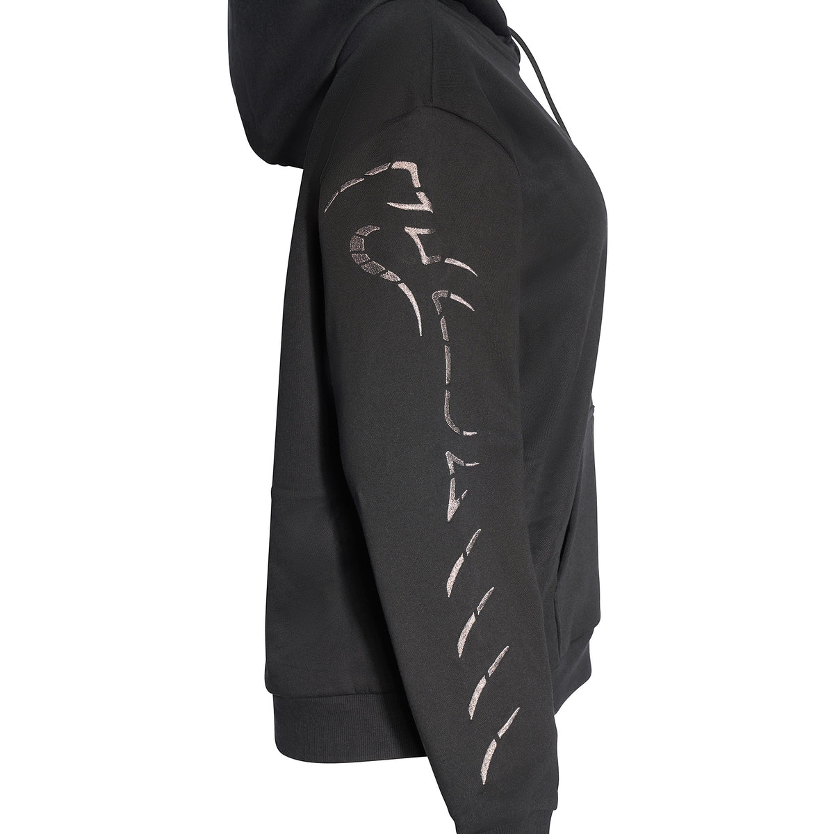 Black hoodie with white tribal design on sleeve against a white background