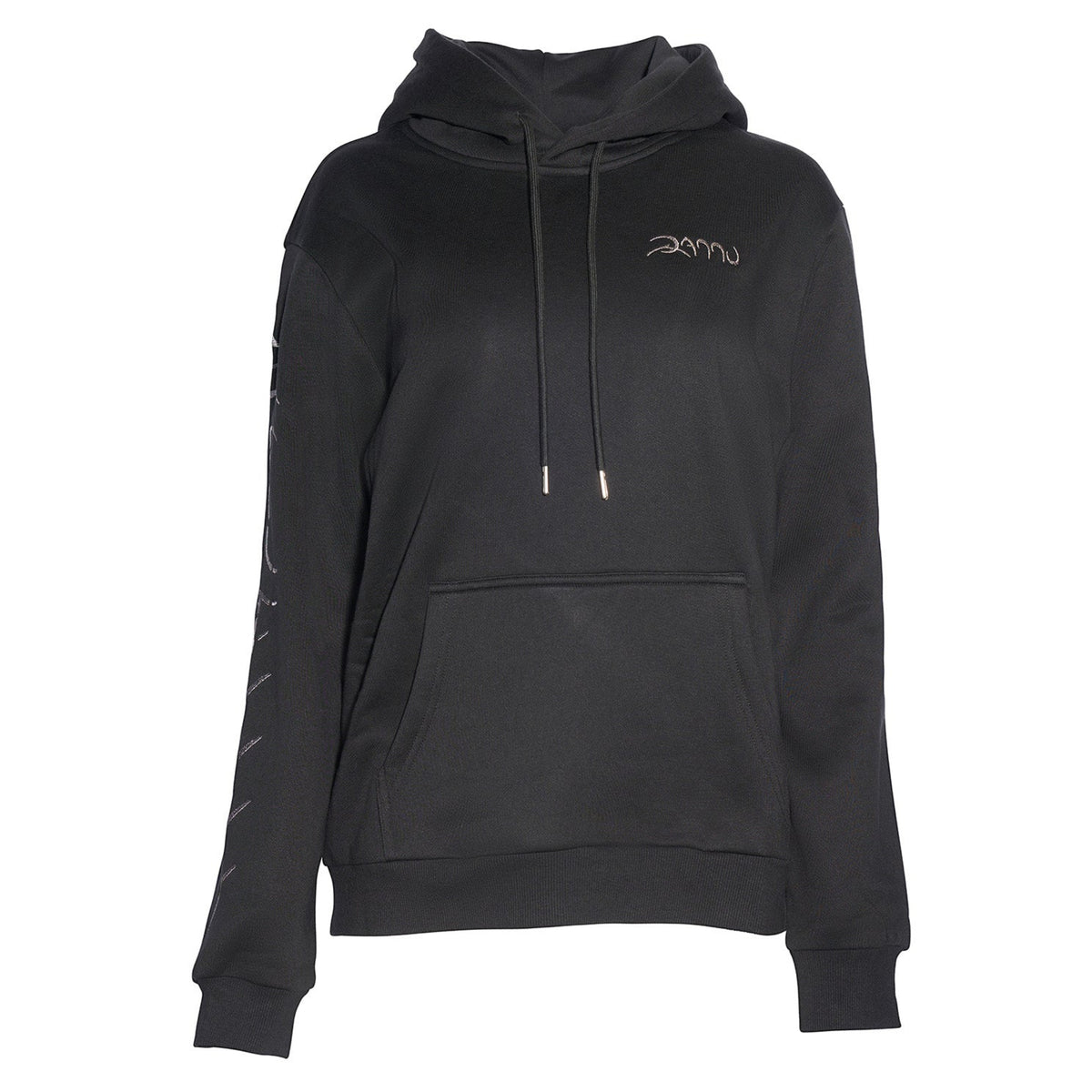 Black hoodie with a brand logo on a white background