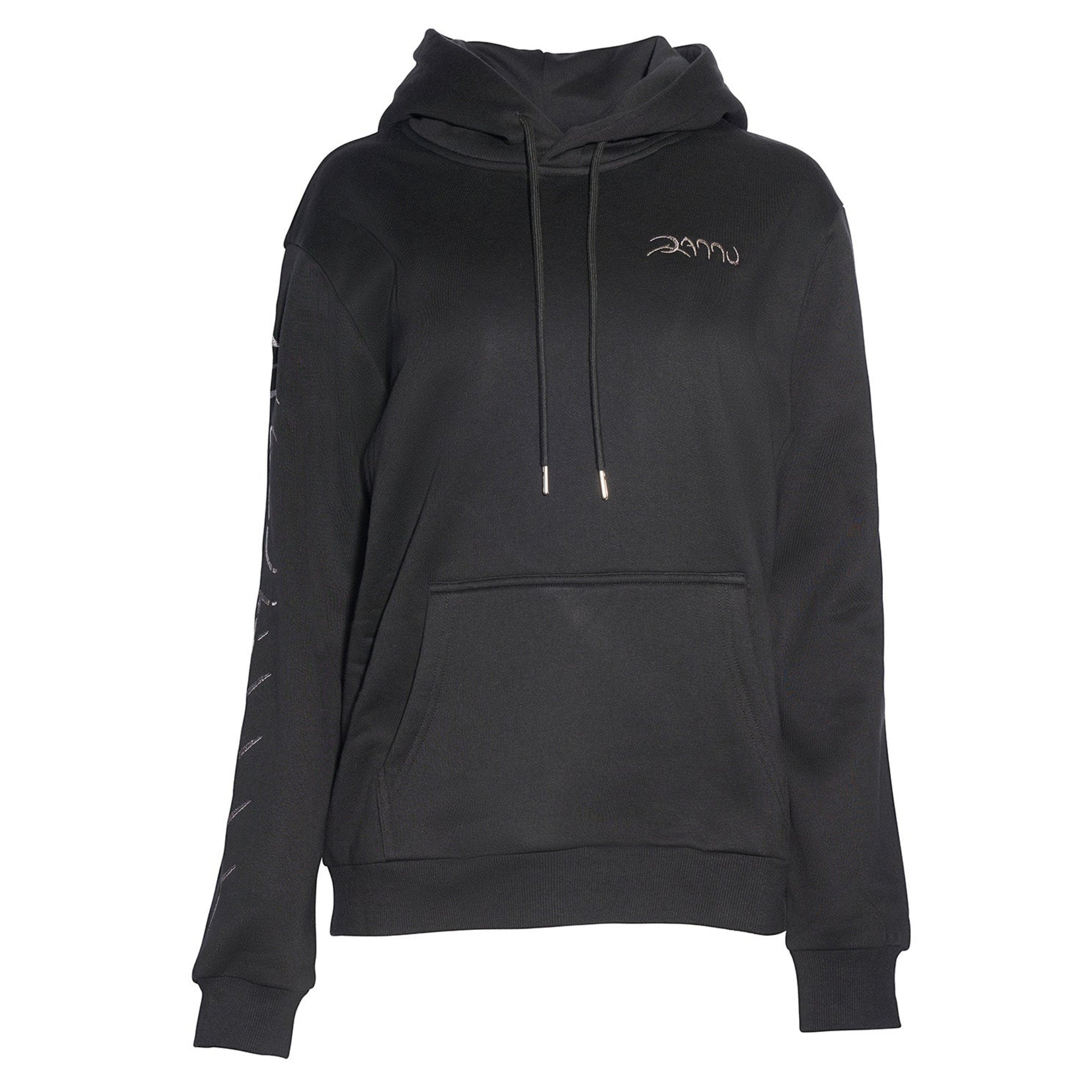 Black hoodie with a brand logo on a white background