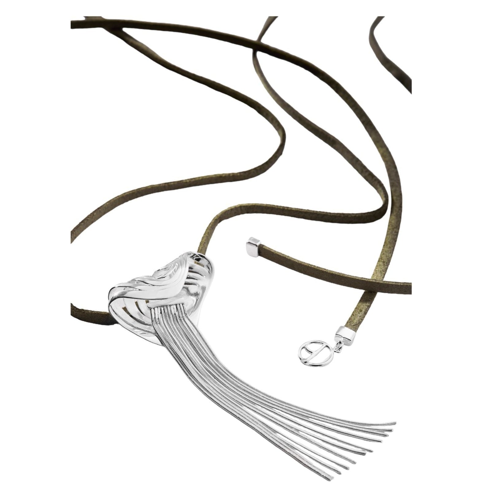 The ANNA PRATA Silver Rastro Necklace from the Corpo E Alma Collection features a silver pendant with long fringe, adjustable leather strap, polished metal accents, silver clasp, and a small circular charm.