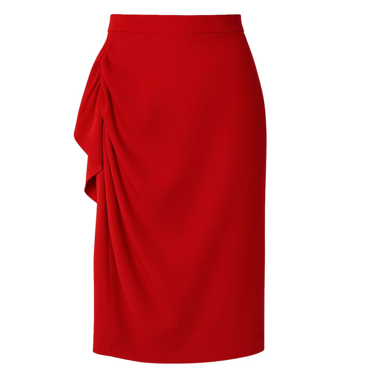 Red draped pencil skirt with gathered side detail by NARCISS.
