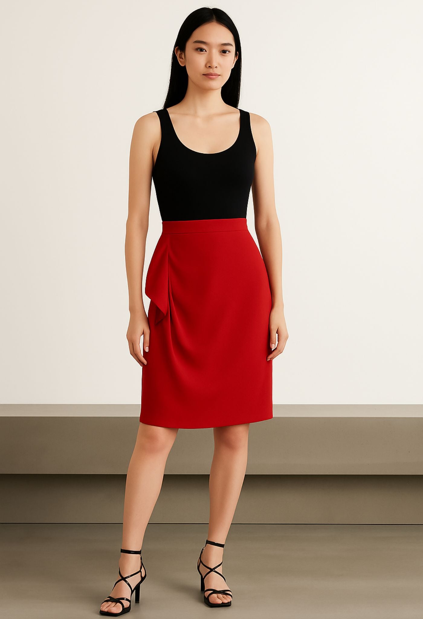 Model wearing red midi pencil skirt with side drape by NARCISS.