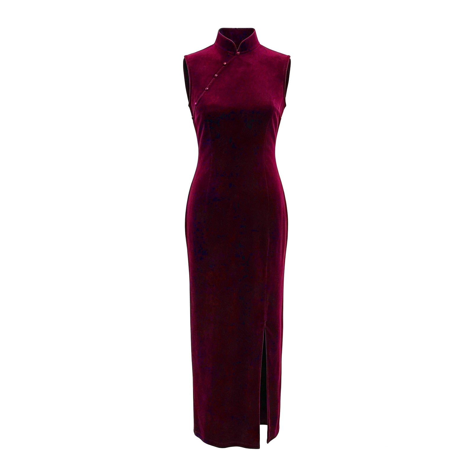 Qipology crimson red velvet sleeveless qipao dress with Mandarin collar, beaded detail and front slit, product view 1, buy at DOORS NYC