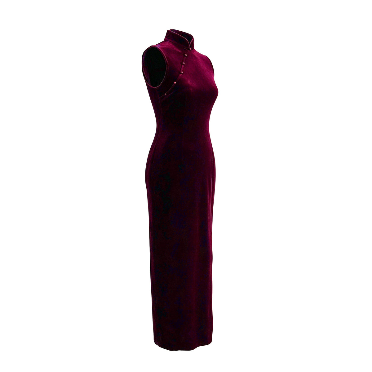 Qipology crimson red velvet sleeveless qipao dress with Mandarin collar, beaded detail and front slit, product view 2, buy at DOORS NYC