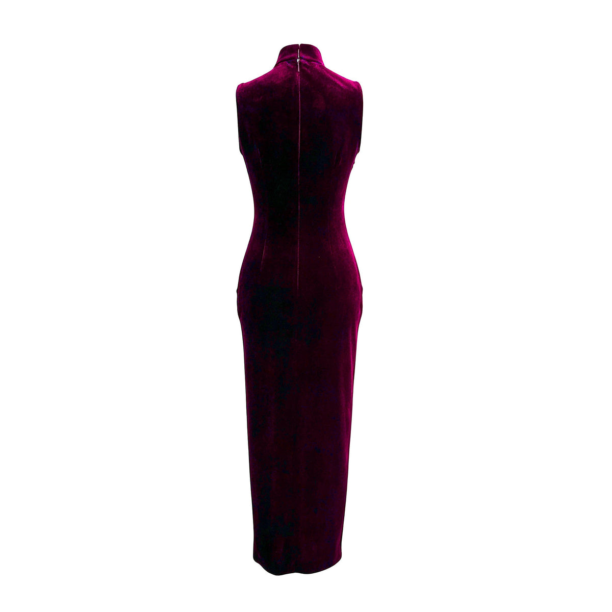 Qipology crimson red velvet sleeveless qipao dress with Mandarin collar, beaded detail and front slit, product view 4, buy at DOORS NYC