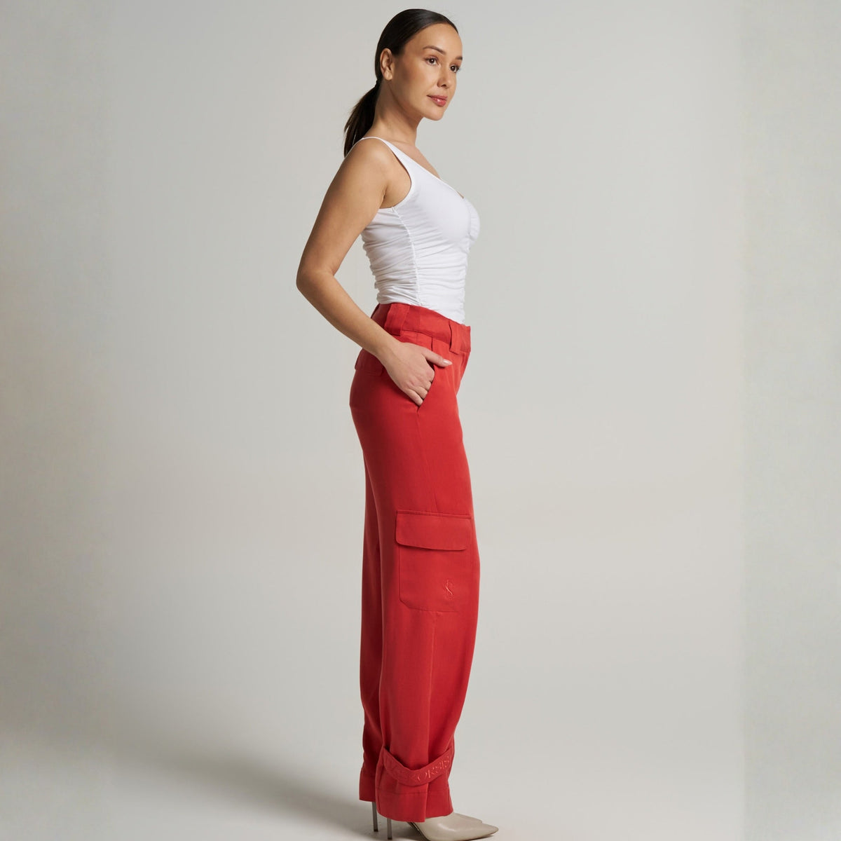 LIZ SKORSIS - Rena Cargo Pants – Rust, PR Sample at DOORS NYC PR showroom