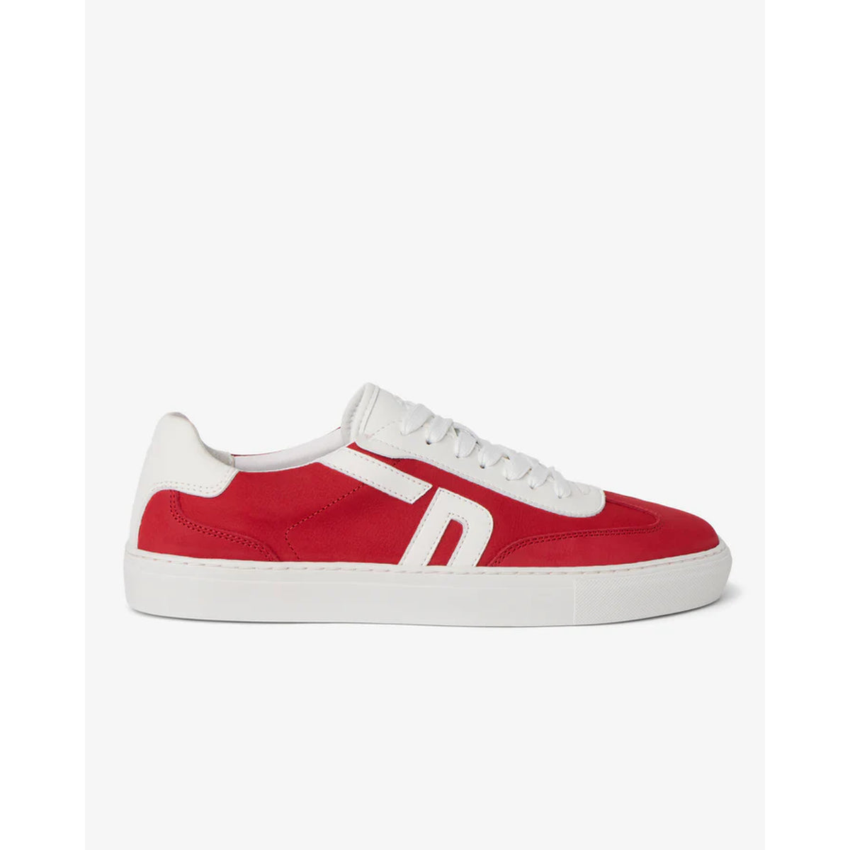 The FRESHY Rockafella Crimson | PR Sample is a retro red and white sneaker made from full-grain leather, featuring white laces, a white sole, and a stylized D on the side—premium comfort with classic style, shown from the left.