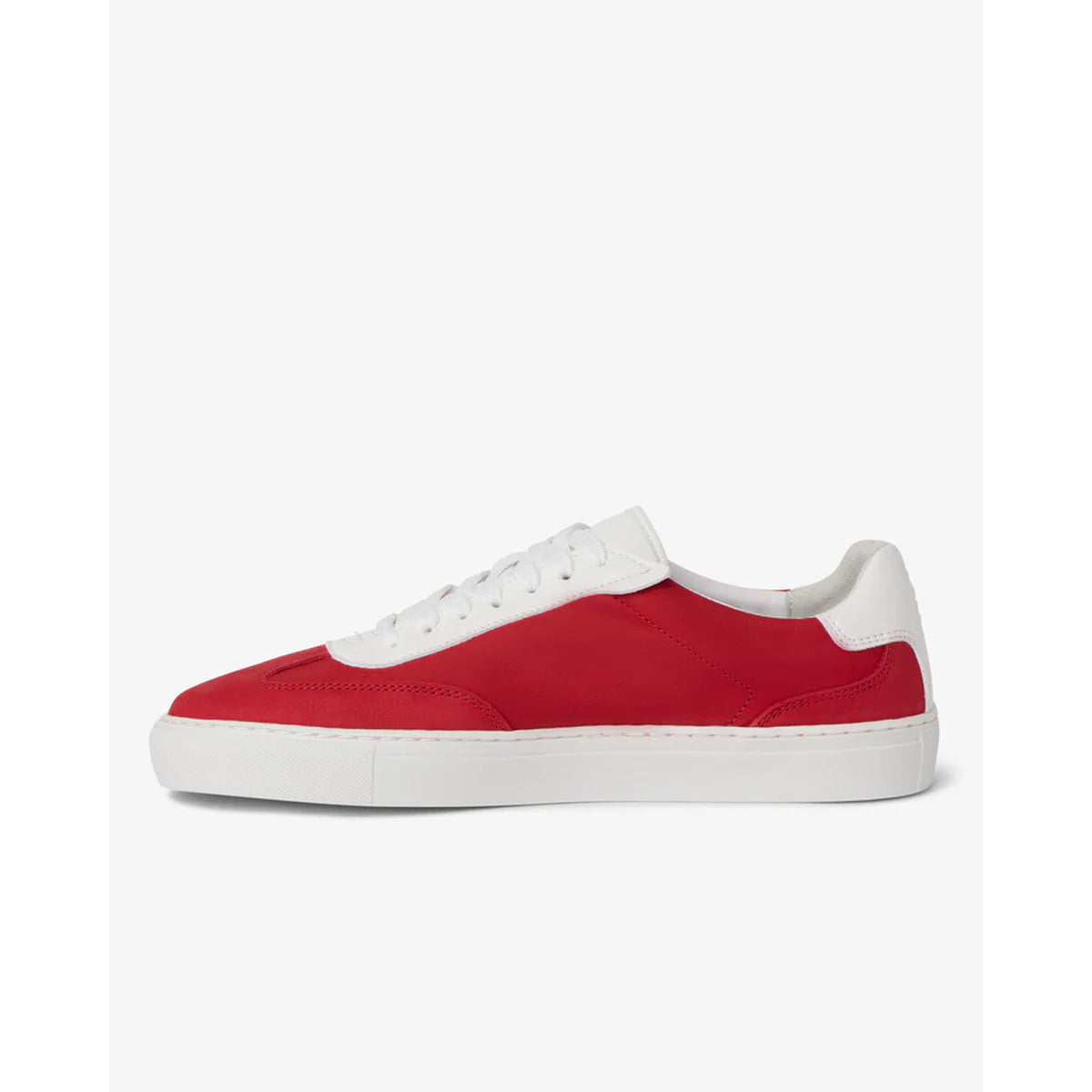 Side view of the FRESHY Rockafella Crimson | PR Sample, a retro sport sneaker with a red full-grain leather body, white heel, laces, and sole, shown against a plain light background.