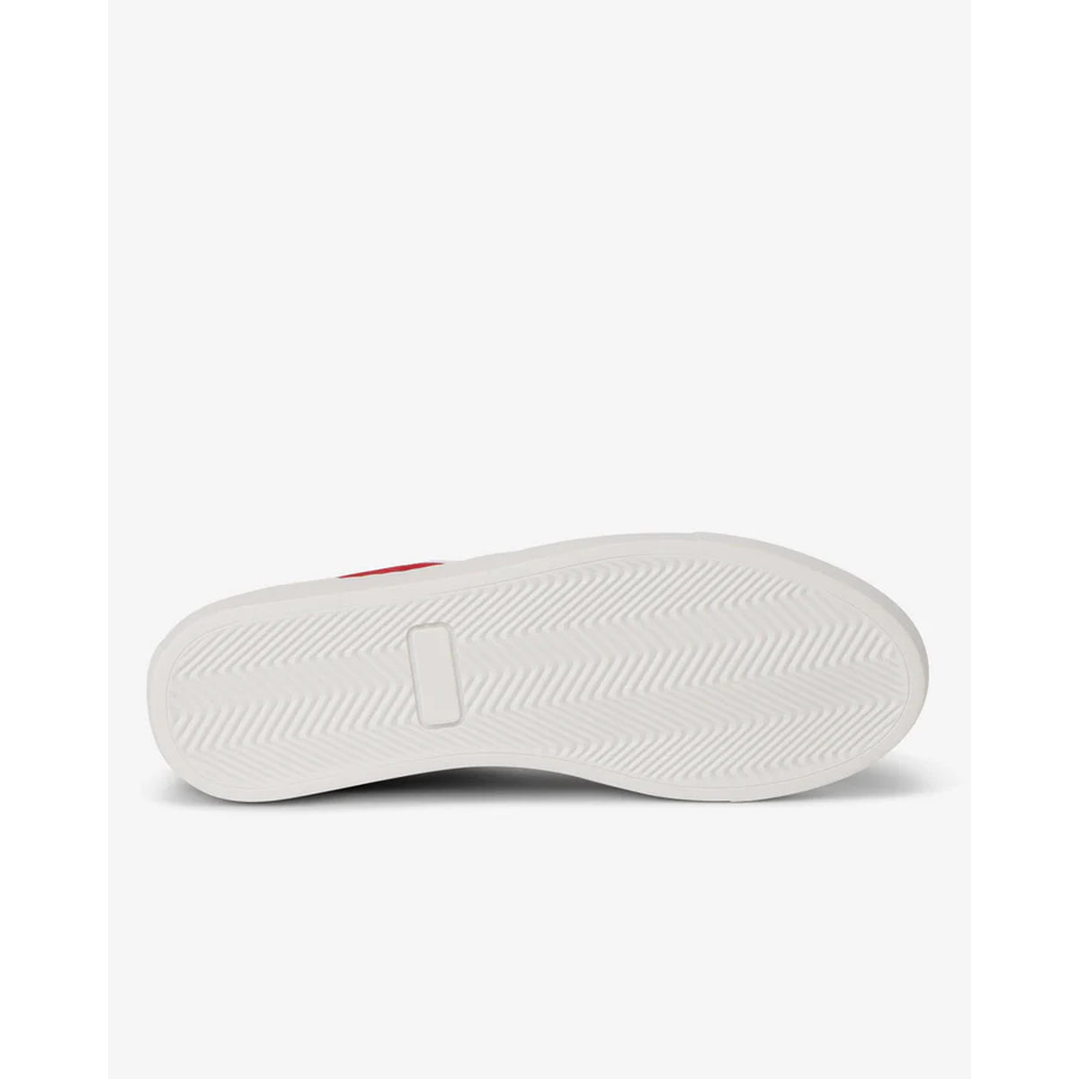 The image displays the bottom view of the FRESHY Rockafella Crimson | PR Sample sneaker, featuring a retro herringbone tread and a rectangular textured section at the center. The background is plain white.