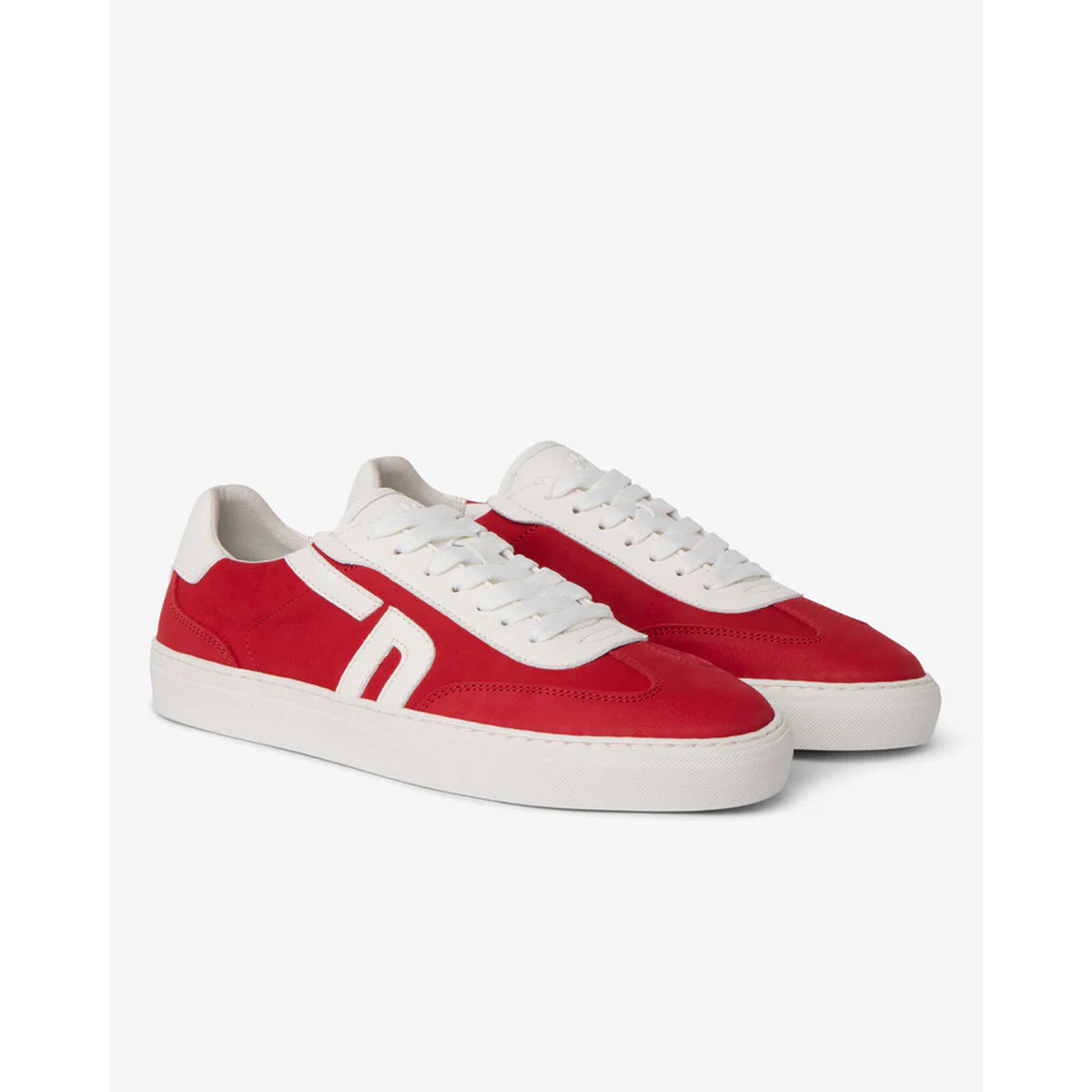 The FRESHY Rockafella Crimson | PR Sample is a pair of red and white retro sport sneakers with white laces, white soles, and a geometric side design, crafted from premium full-grain leather and showcased on a plain white background.