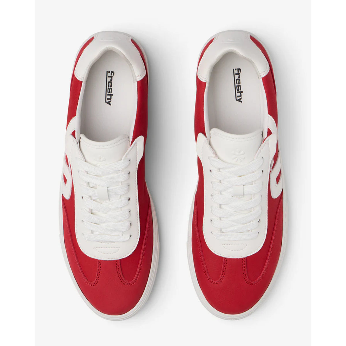 A top view of the Rockafella Crimson | PR Sample sneakers by FRESHY, featuring a red and white retro sport design with white laces. The insoles display the FRESHY brand name in black.