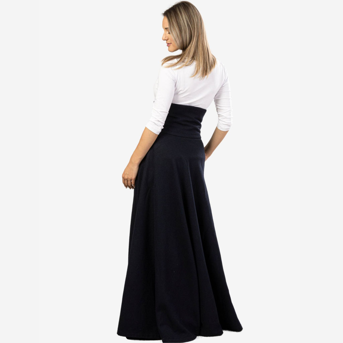 "Rose" Dark Blue Wool Maxi Skirt
