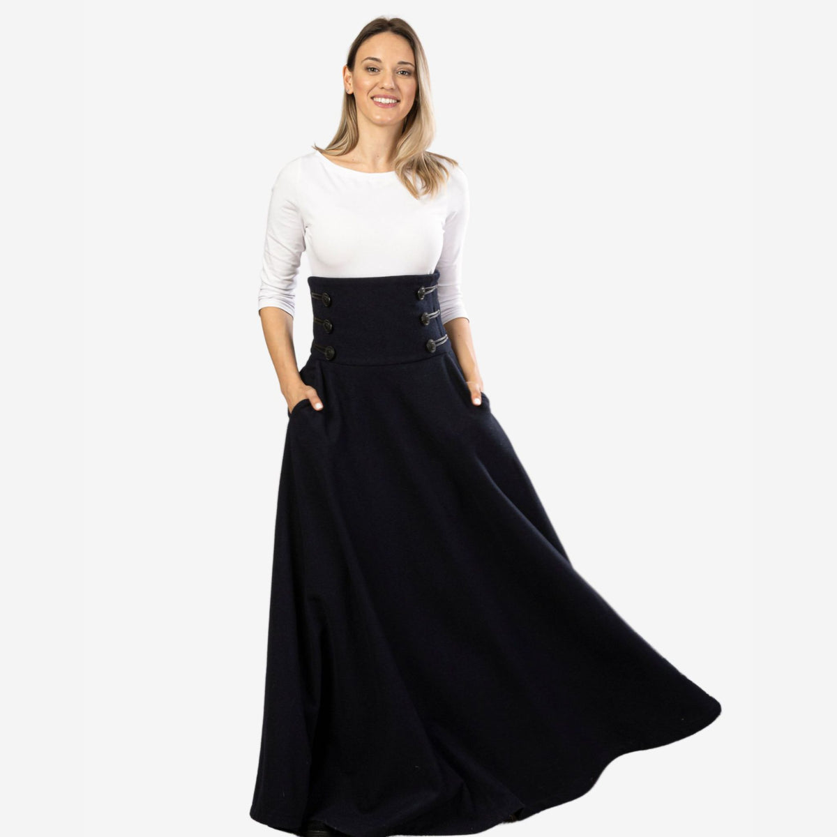 "Rose" Dark Blue Wool Maxi Skirt