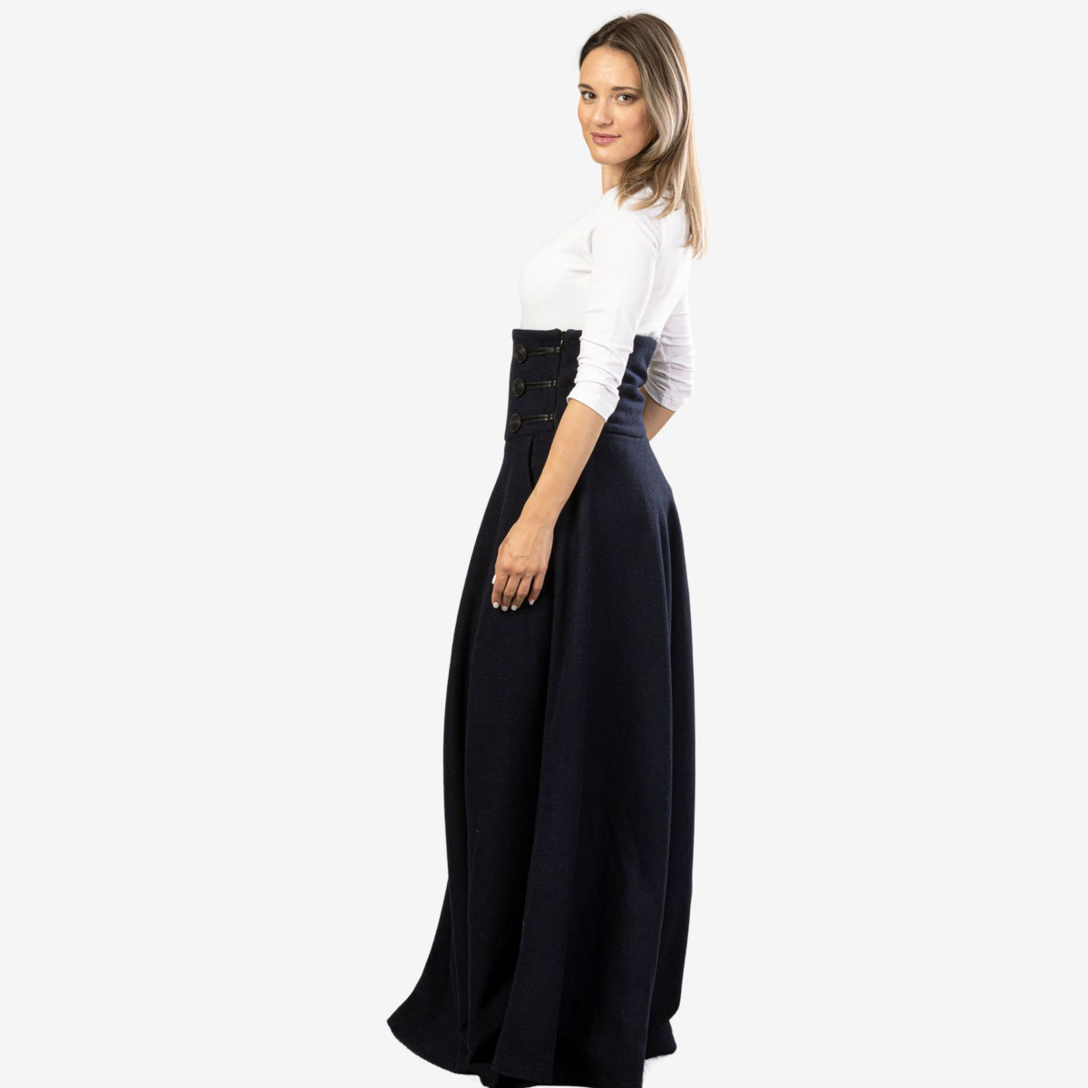 "Rose" Dark Blue Wool Maxi Skirt