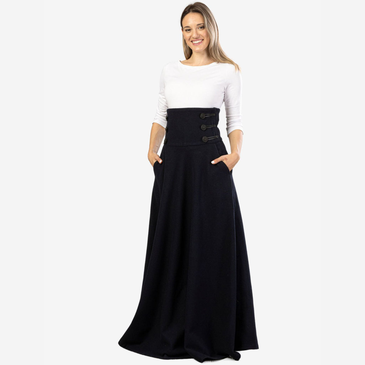 "Rose" Dark Blue Wool Maxi Skirt