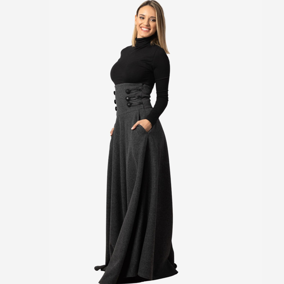 "Rose" Dark Gray Wool Maxi Skirt
