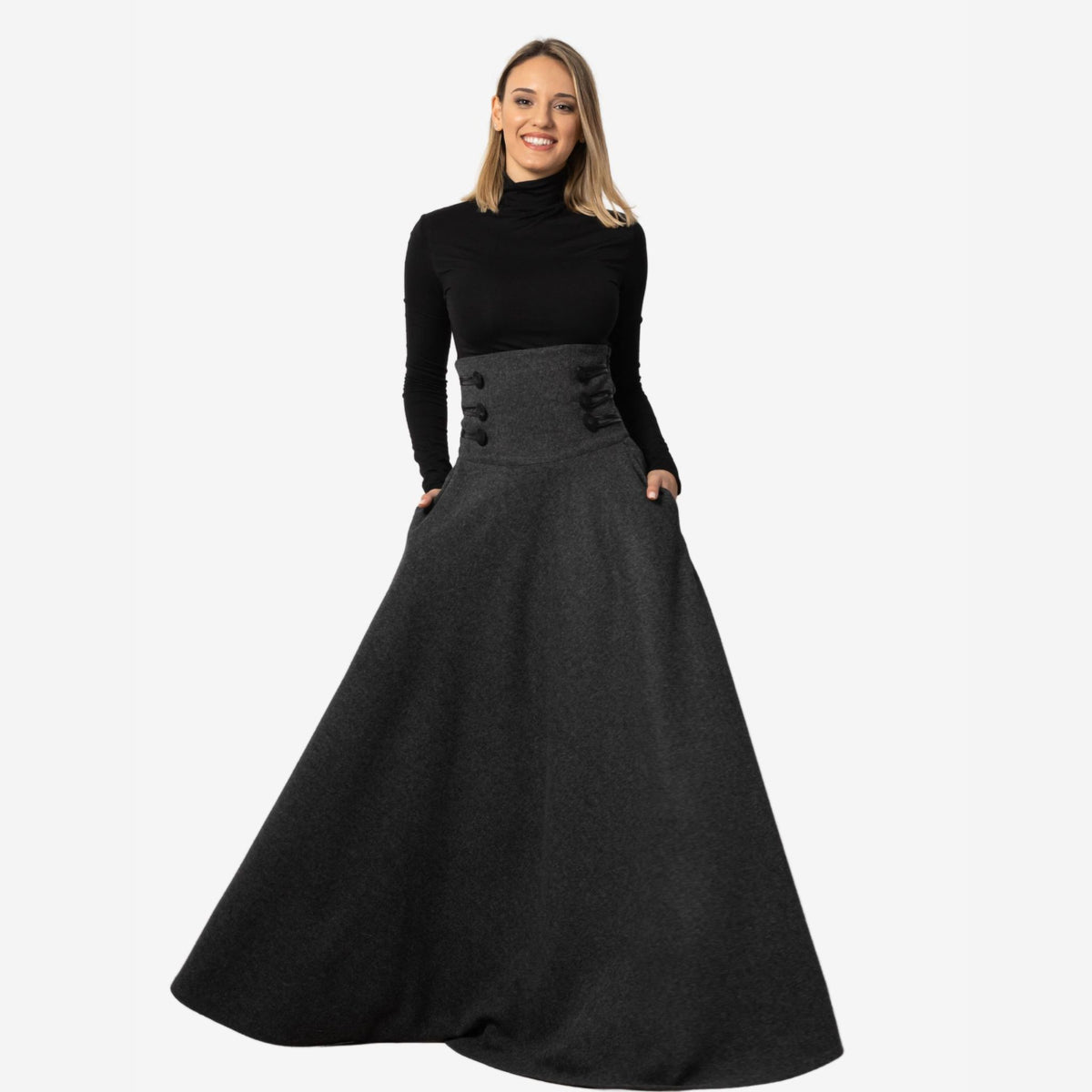 "Rose" Dark Gray Wool Maxi Skirt