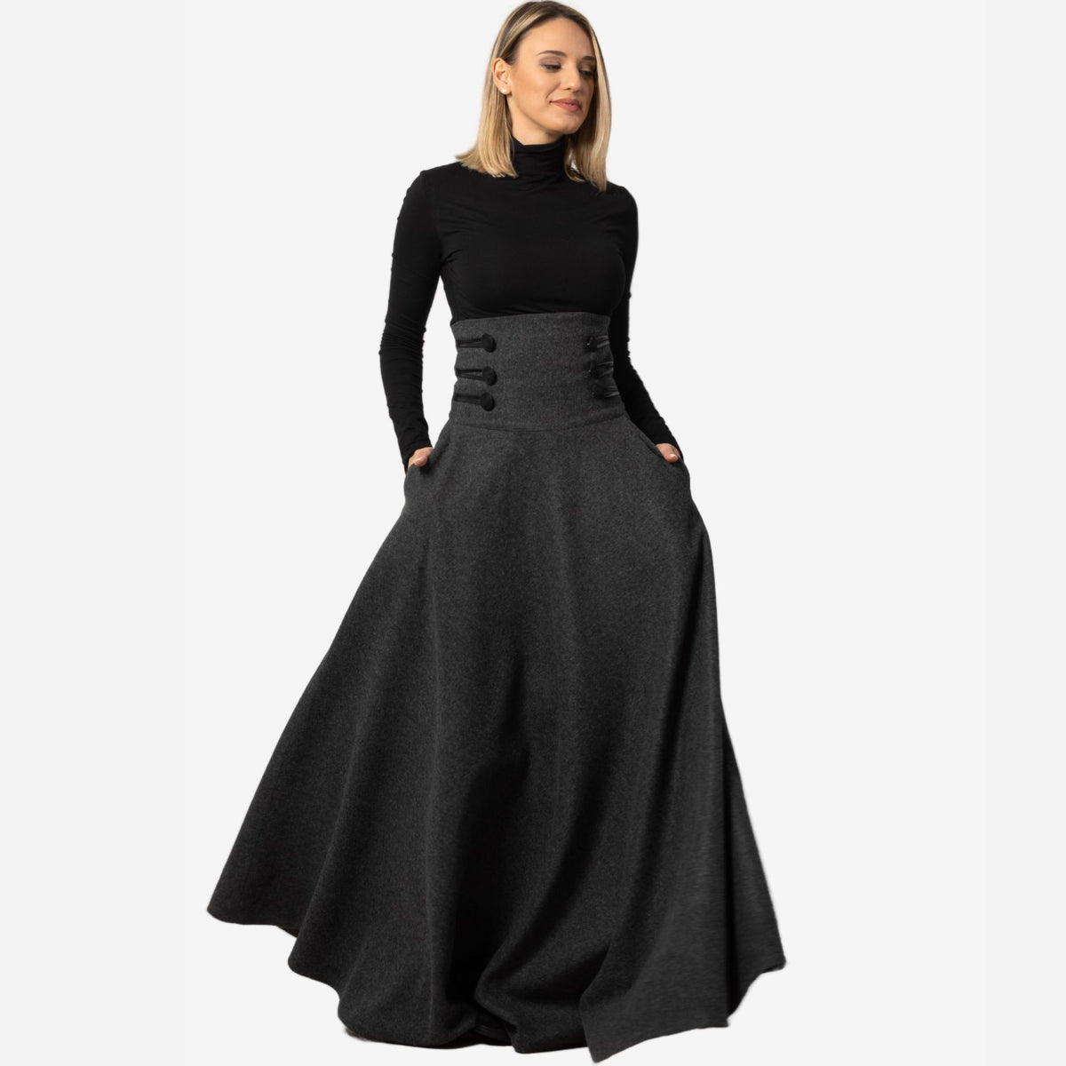 "Rose" Dark Gray Wool Maxi Skirt