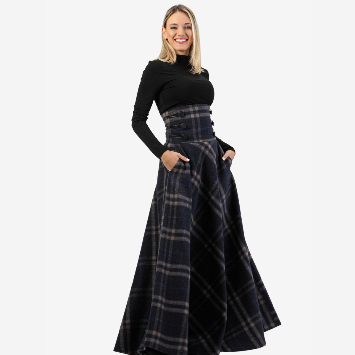 "Rose" Plaid Wool Maxi Skirt