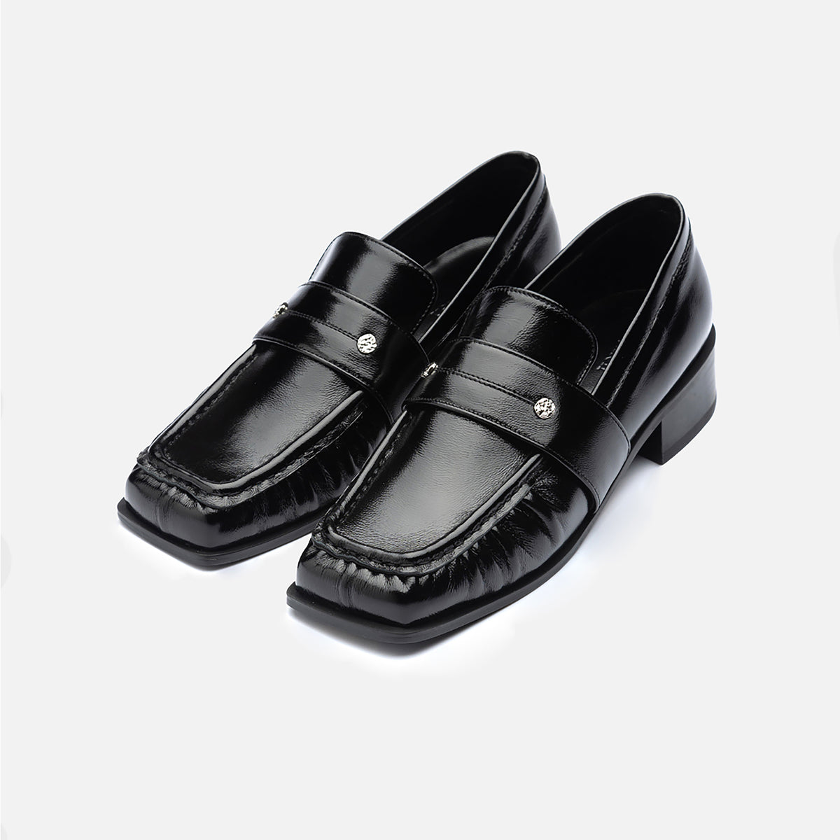 Black Square Leather Loafers with Shirring
