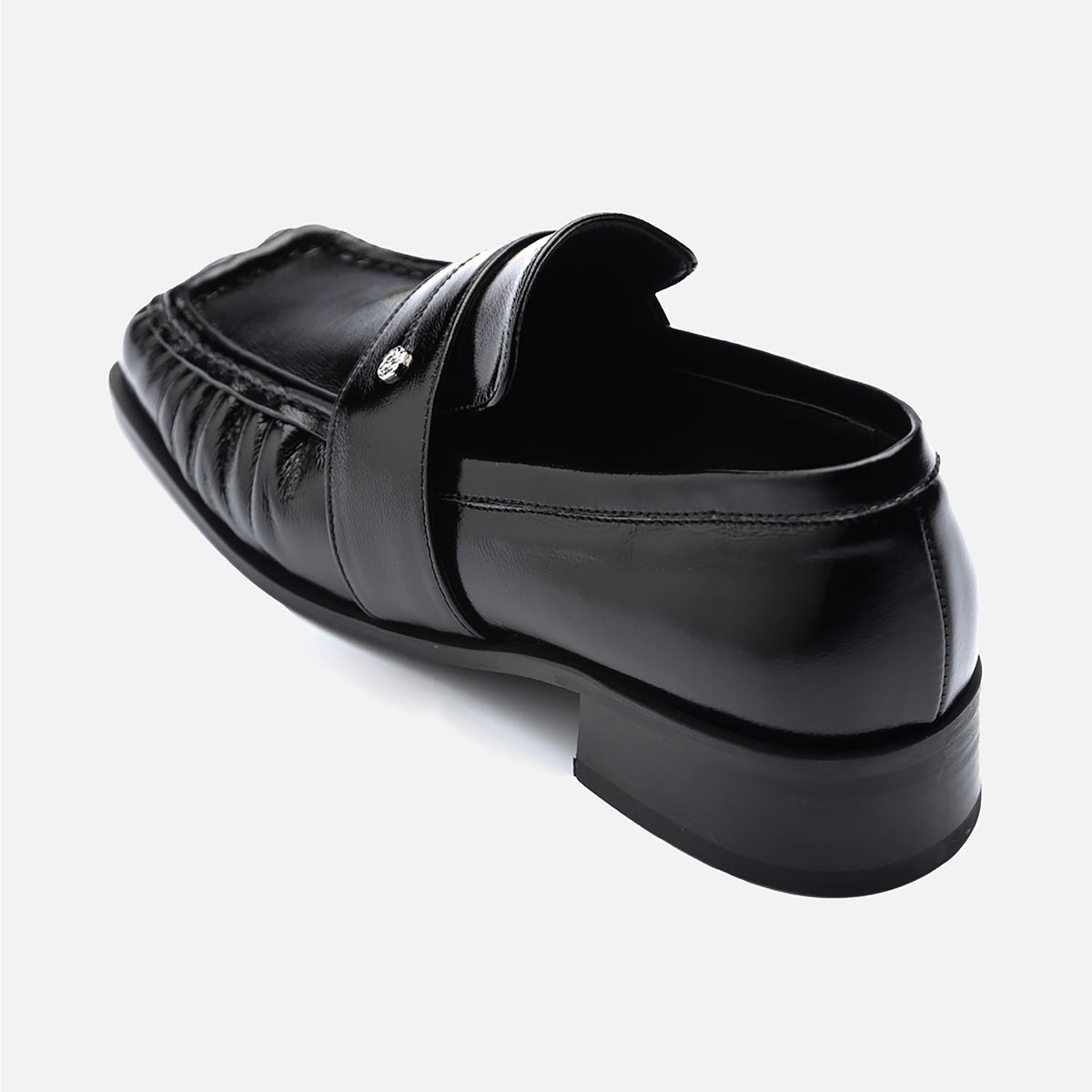 Black Square Leather Loafers with Shirring