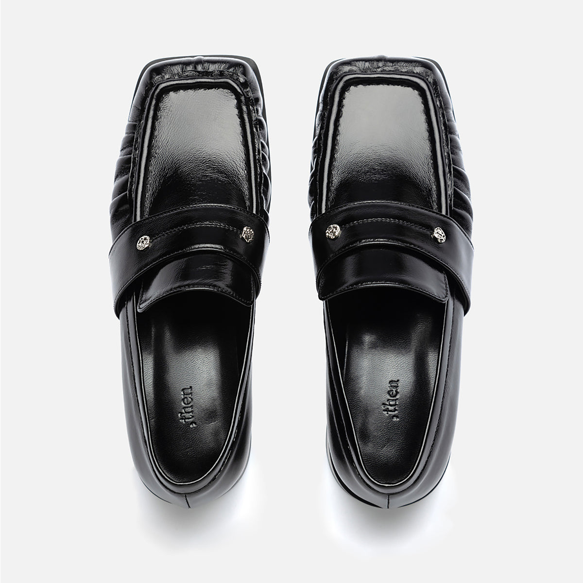 Black Square Leather Loafers with Shirring