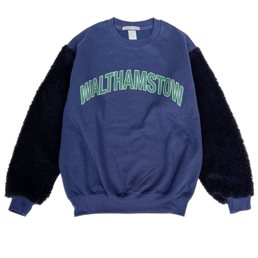 SIMEON FARRAR - Fur Sleeve Sweatshirt | Navy, buy at DOORS NYC  