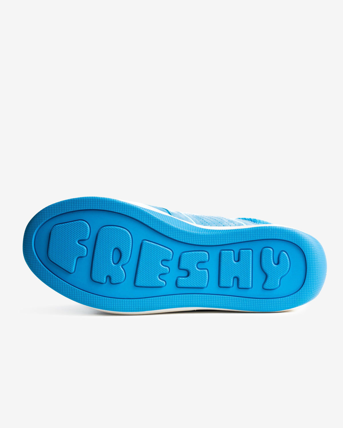 Blue shoe sole with 'FRESH' text on a white background