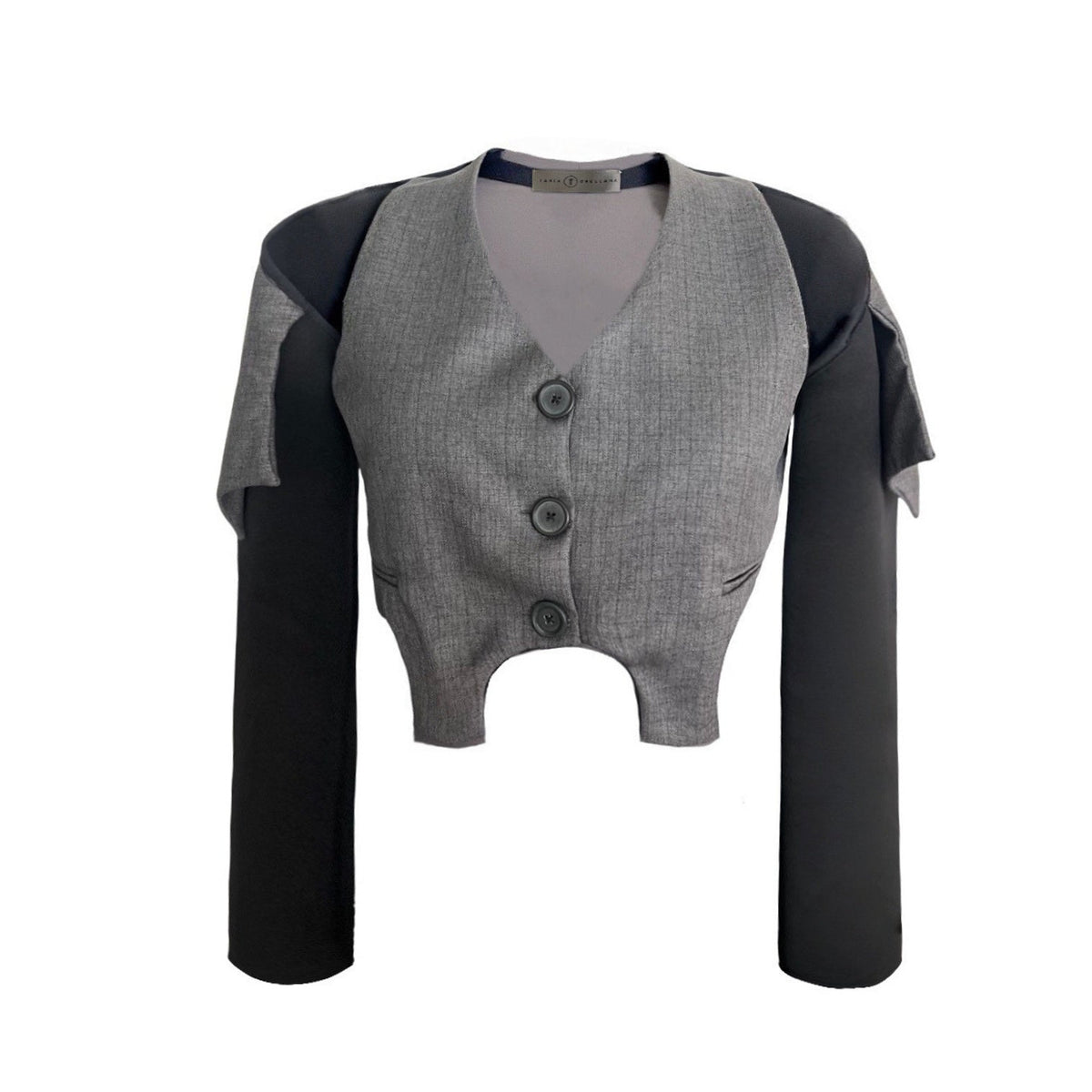 Gray blazer with black sleeves on a white background