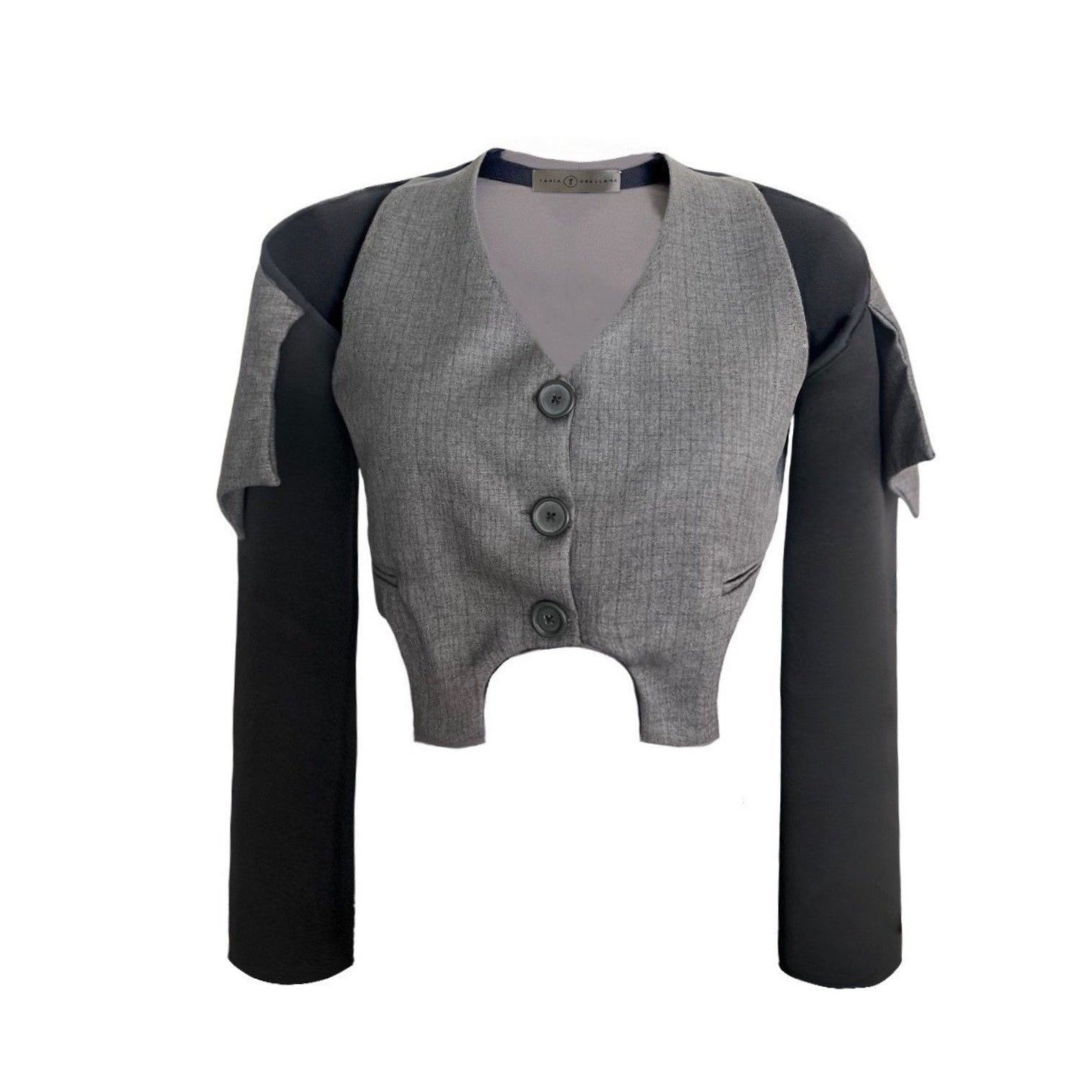 Gray blazer with black sleeves on a white background