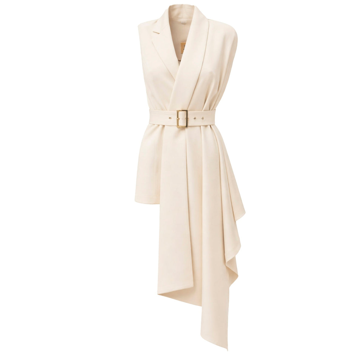 Beige sleeveless dress with a belt on a white background