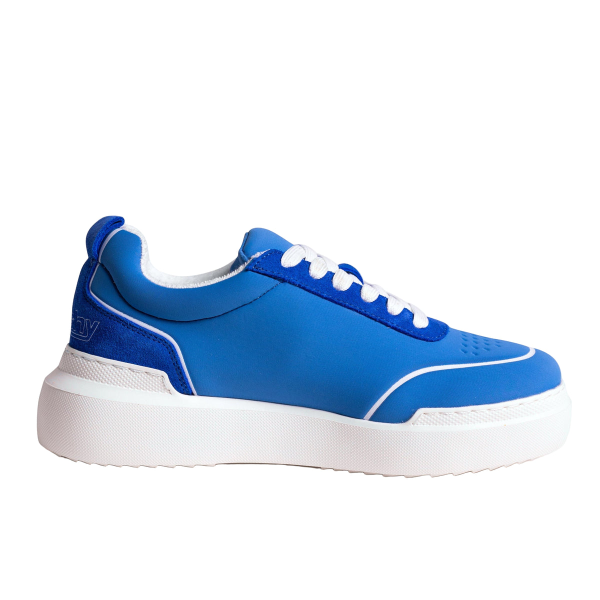 Blue sneaker with white sole on a light gray background