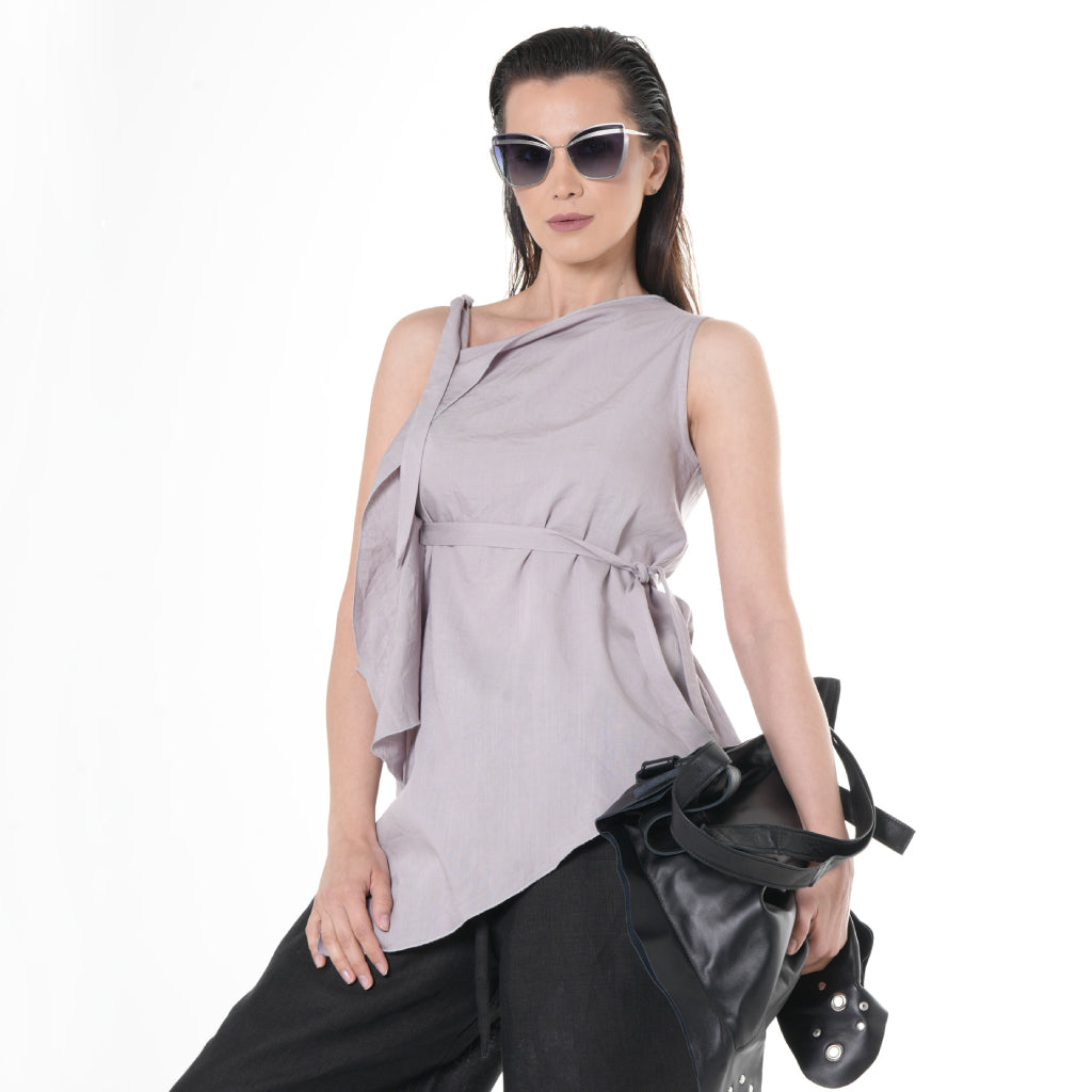 METAMORPHOZA - Lilac Sleeveless Asymmetric Top with Waist Tie, buy at DOORS NYC