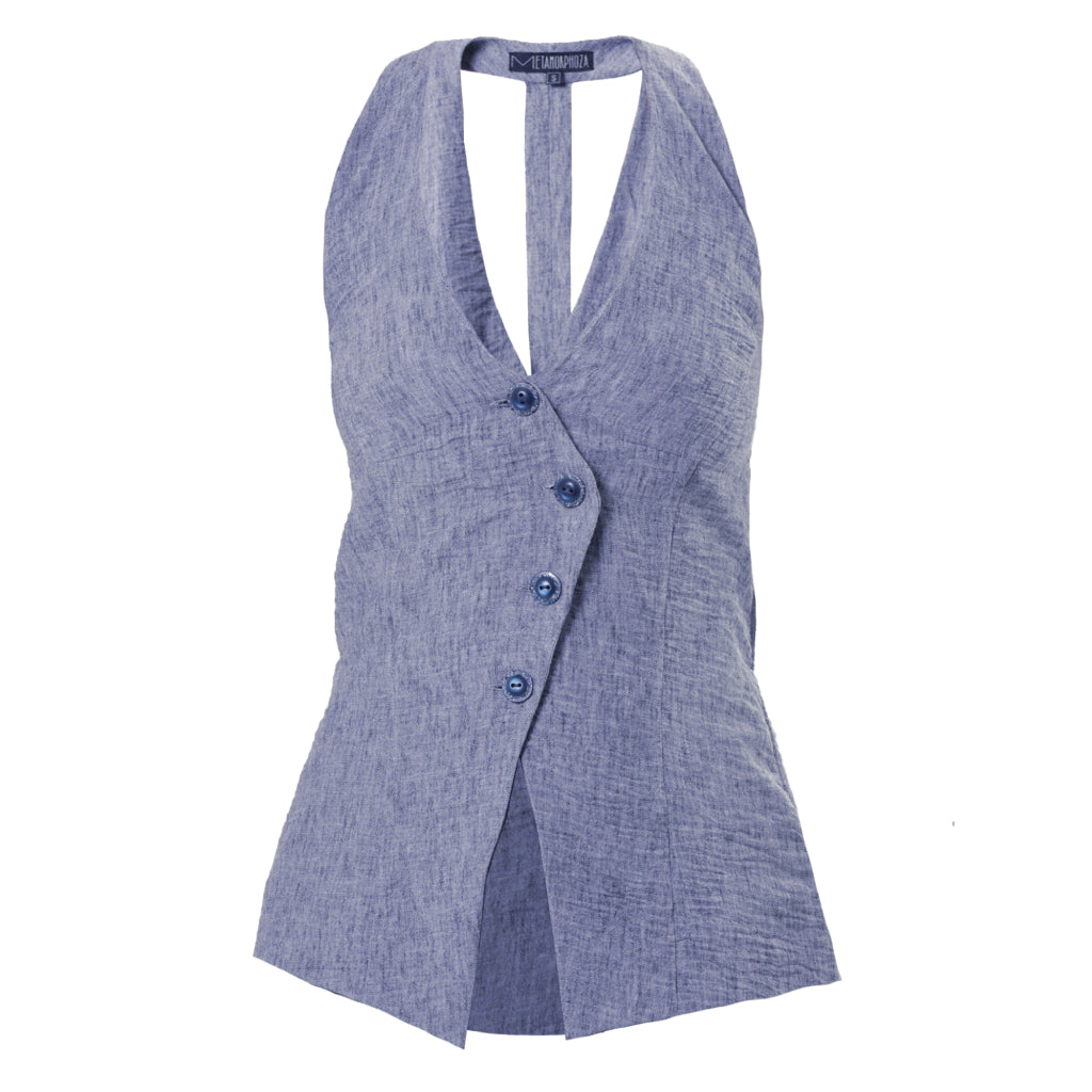 METAMORPHOZA - Sleeveless Linen Top | Blue, buy at DOORS NYC