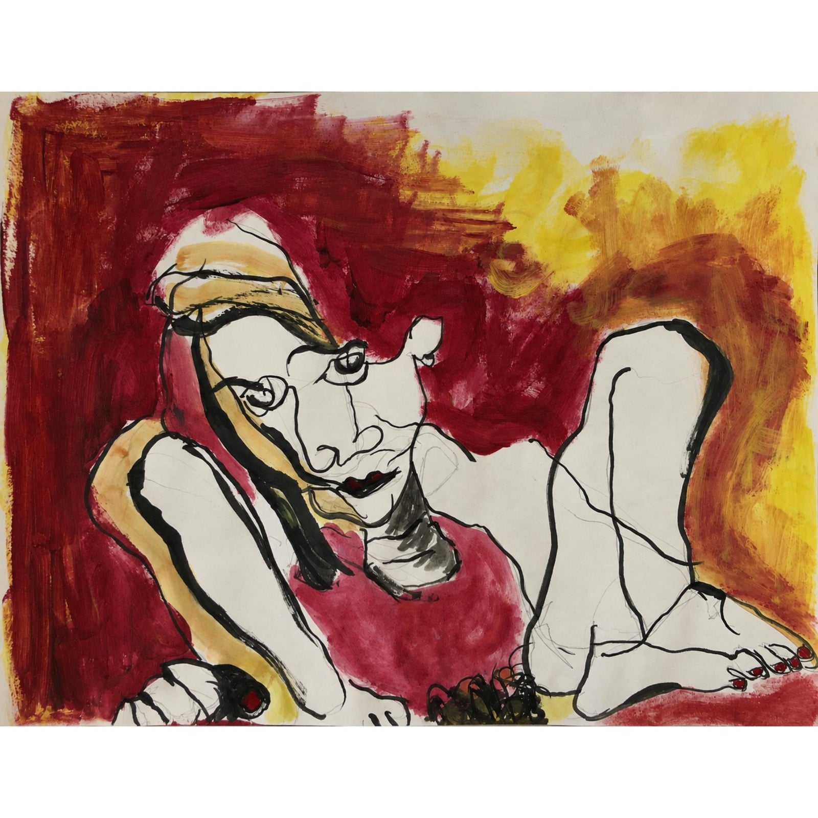 PATRICIA TUDOSA So This Is What You Wanted, expressive reclining figure in bold black linework with deep red and yellow mixed media on paper, 18 x 24 in, buy contemporary art at DOORS NYC