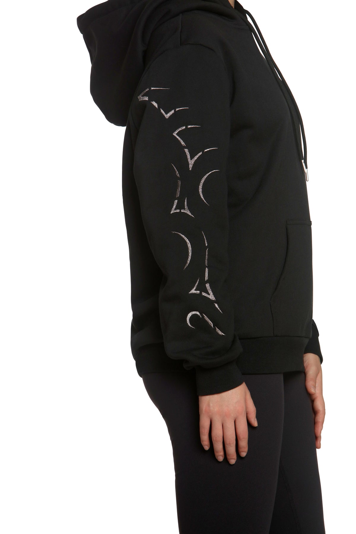 Black hoodie with white abstract designs on a white background