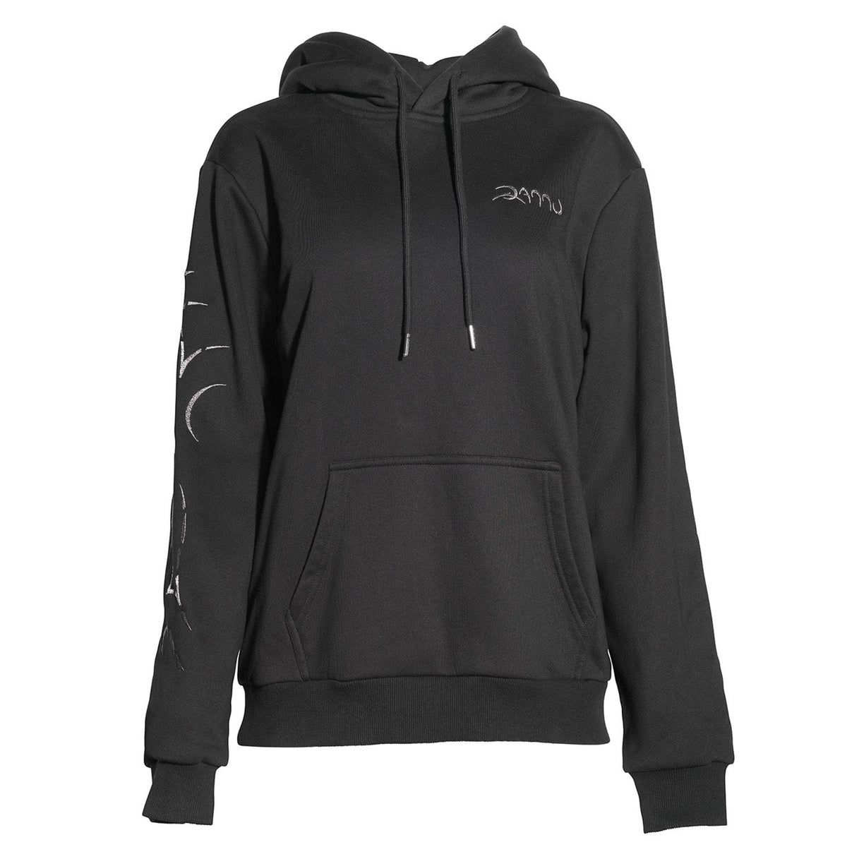 Black hoodie with brand logo on a white background