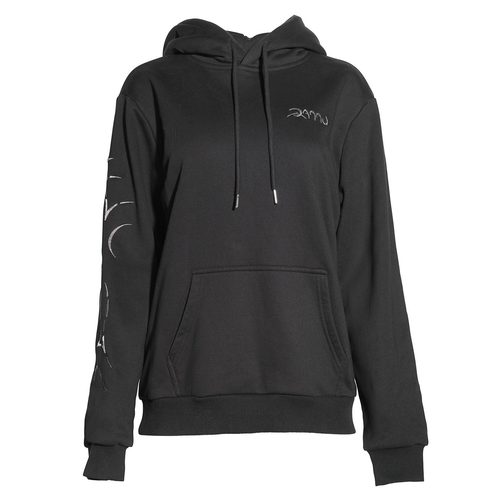 Black hoodie with brand logo on a white background