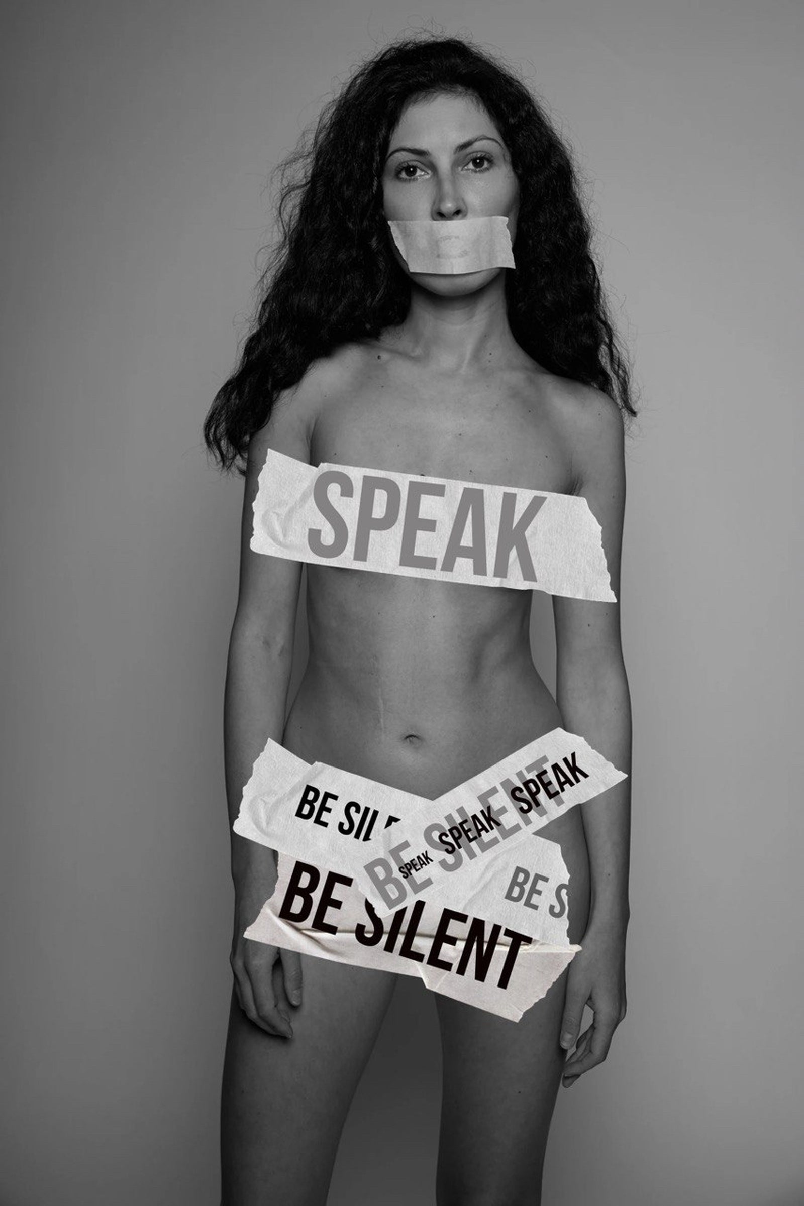 ALSU SHARM Speak, black and white fine art photography portrait with tape over the mouth and strips reading SPEAK and BE SILENT, limited edition, buy contemporary art at DOORS NYC