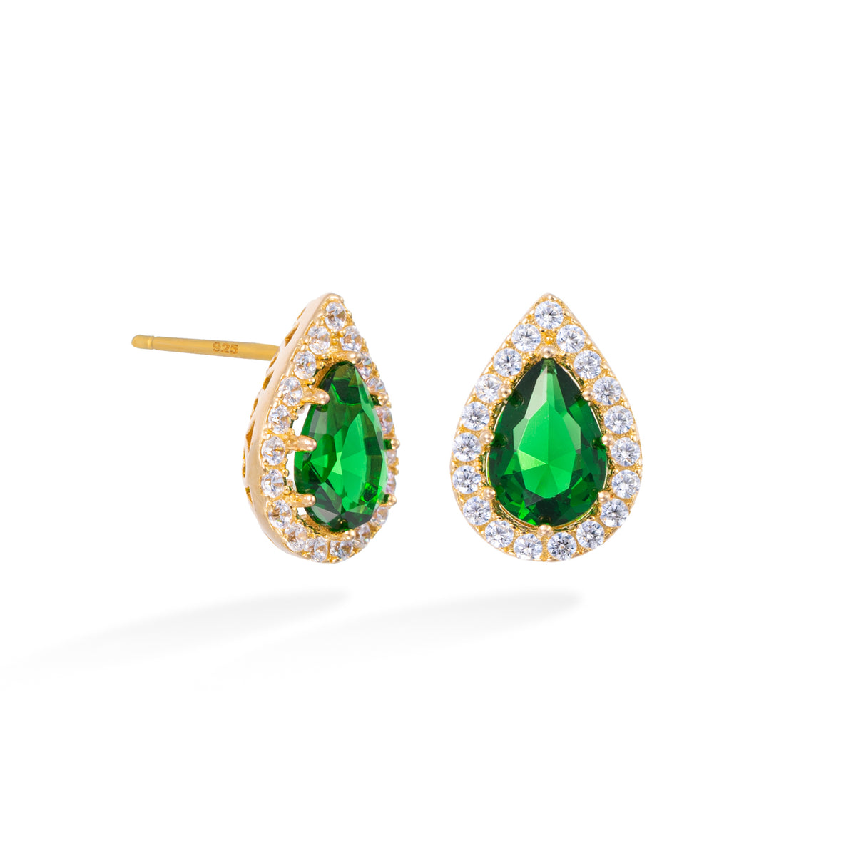 Gold Teardrop Emerald Earrings with Zirconia Halo