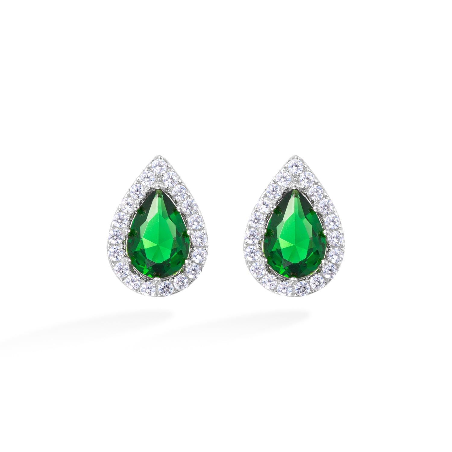 Silver Teardrop Emerald Earrings with Zirconia Halo