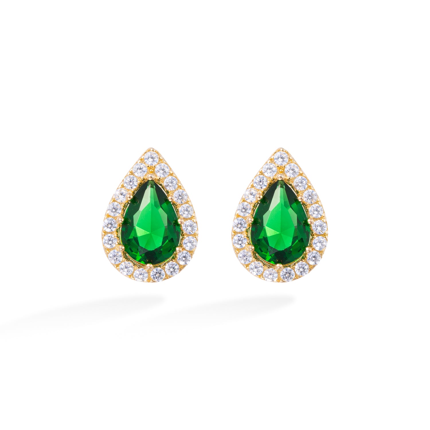 Gold Teardrop Emerald Earrings with Zirconia Halo