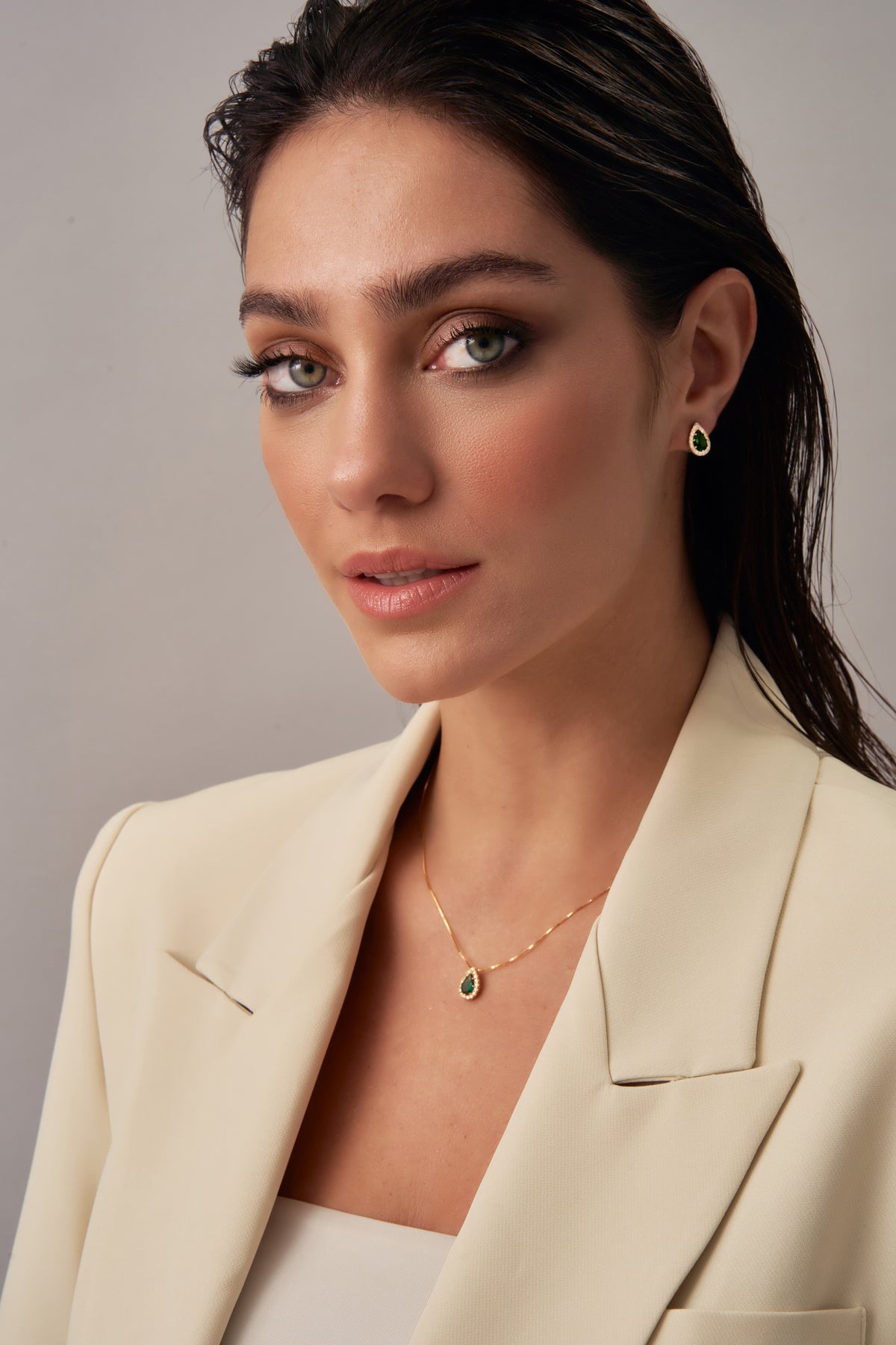 Gold Teardrop Emerald Earrings with Zirconia Halo