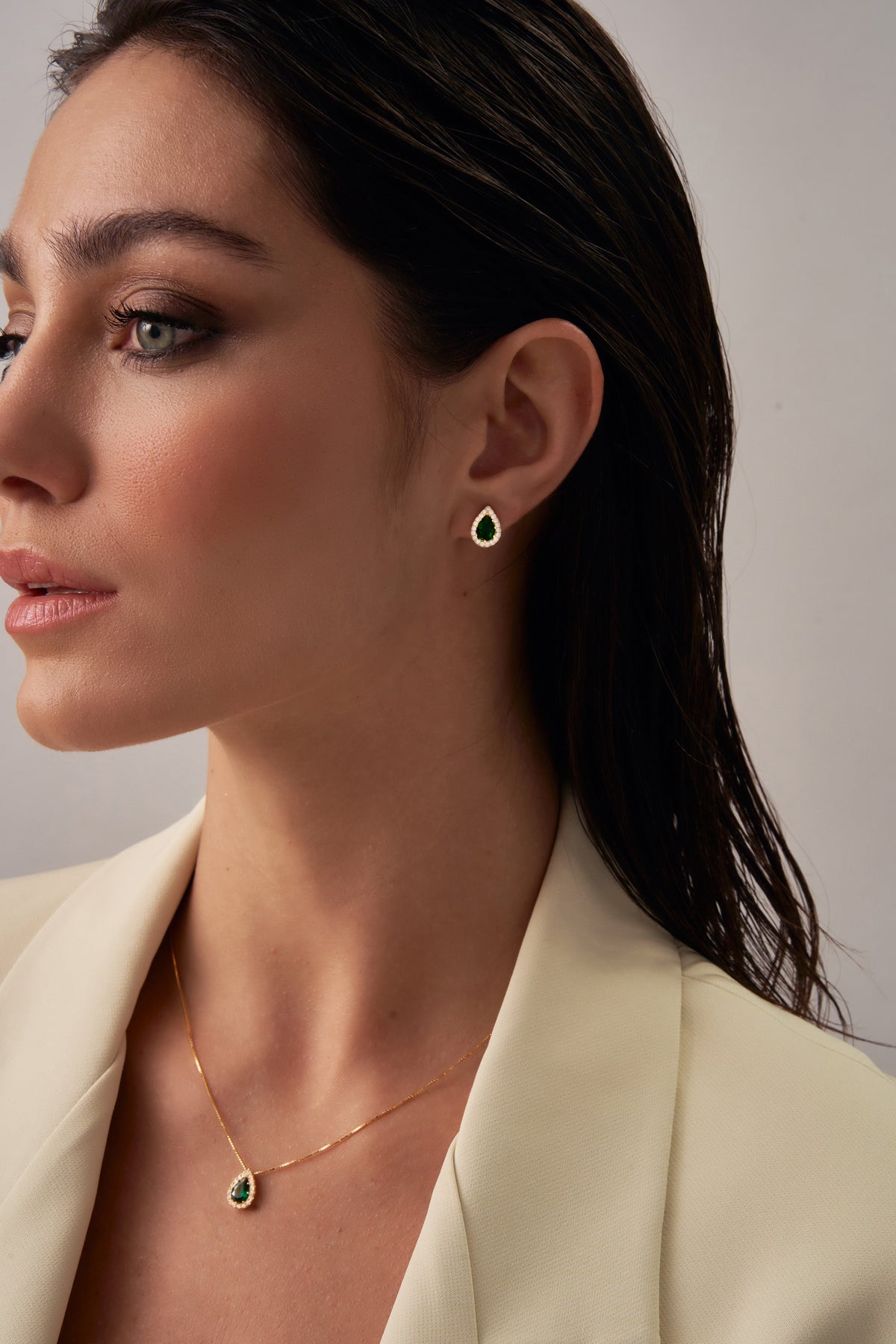 Gold Teardrop Emerald Earrings with Zirconia Halo